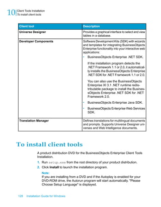 DescriptionClient tool
Provides a graphical interface to select and view
tables in a database.
Universe Designer
Software Development Kits (SDK) with wizards
and templates for integrating BusinessObjects
Enterprise functionality into your interactive web
applications:
• BusinessObjects Enterprise .NET SDK.
If the installation program detects the
.NET Framework 1.1 or 2.0, it automatical-
ly installs the BusinessObjects Enterprise
.NET SDK for .NET Framework 1.1 or 2.0.
You can also use the BusinessObjects
Enterprise XI 3.1 .NET runtime redis-
tributable package to install the Busines-
sObjects Enterprise .NET SDK for .NET
Framework 2.0.
• BusinessObjects Enterprise Java SDK.
• BusinessObjects Enterprise Web Services
SDK.
Developer Components
Defines translations for multilingual documents
and prompts. Supports Universe Designer uni-
verses and Web Intelligence documents.
Translation Manager
To install client tools
A product distribution DVD for the BusinessObjects Enterprise Client Tools
Installation.
1. Run setup.exe from the root directory of your product distribution.
2. Click Install to launch the installation program.
Note:
If you are installing from a DVD and if the Autoplay is enabled for your
DVD-ROM drive, the Autorun program will start automatically. "Please
Choose Setup Language" is displayed.
128 Installation Guide for Windows
Client Tools Installation
10 To install client tools
 