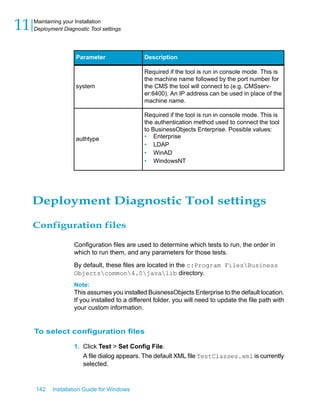 DescriptionParameter
Required if the tool is run in console mode. This is
the machine name followed by the port number for
the CMS the tool will connect to (e.g. CMSserv-
er:6400). An IP address can be used in place of the
machine name.
system
Required if the tool is run in console mode. This is
the authentication method used to connect the tool
to BusinessObjects Enterprise. Possible values:
• Enterprise
• LDAP
• WinAD
• WindowsNT
authtype
Deployment Diagnostic Tool settings
Configuration files
Configuration files are used to determine which tests to run, the order in
which to run them, and any parameters for those tests.
By default, these files are located in the c:Program FilesBusiness
Objectscommon4.0javalib directory.
Note:
This assumes you installed BuisnessObjects Enterprise to the default location.
If you installed to a different folder, you will need to update the file path with
your custom information.
To select configuration files
1. Click Test > Set Config File.
A file dialog appears. The default XML file TestClasses.xml is currently
selected.
142 Installation Guide for Windows
Maintaining your Installation
11 Deployment Diagnostic Tool settings
 