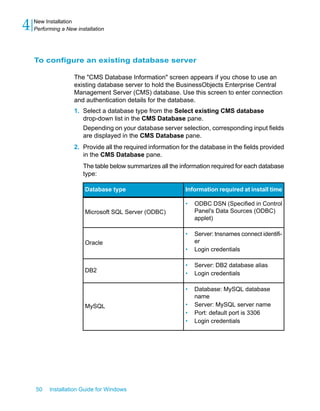 To configure an existing database server
The "CMS Database Information" screen appears if you chose to use an
existing database server to hold the BusinessObjects Enterprise Central
Management Server (CMS) database. Use this screen to enter connection
and authentication details for the database.
1. Select a database type from the Select existing CMS database
drop-down list in the CMS Database pane.
Depending on your database server selection, corresponding input fields
are displayed in the CMS Database pane.
2. Provide all the required information for the database in the fields provided
in the CMS Database pane.
The table below summarizes all the information required for each database
type:
Information required at install timeDatabase type
• ODBC DSN (Specified in Control
Panel's Data Sources (ODBC)
applet)
Microsoft SQL Server (ODBC)
• Server: tnsnames connect identifi-
er
• Login credentials
Oracle
• Server: DB2 database alias
• Login credentialsDB2
• Database: MySQL database
name
• Server: MySQL server name
• Port: default port is 3306
• Login credentials
MySQL
50 Installation Guide for Windows
New Installation
4 Performing a New installation
 