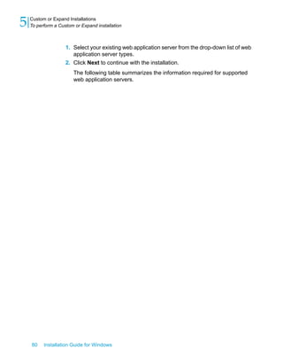 1. Select your existing web application server from the drop-down list of web
application server types.
2. Click Next to continue with the installation.
The following table summarizes the information required for supported
web application servers.
80 Installation Guide for Windows
Custom or Expand Installations
5 To perform a Custom or Expand installation
 