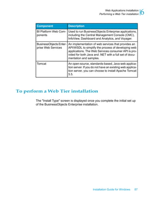 DescriptionComponent
Used to run BusinessObjects Enterprise applications,
including the Central Management Console (CMC),
InfoView, Dashboard and Analytics, and Voyager.
BI Platform Web Com-
ponents
An implementation of web services that provides an
API/WSDL to simplify the process of developing web
applications. The Web Services consumer API is pro-
vided for both Java and .NET with a full set of docu-
mentation and samples.
BusinessObjects Enter-
prise Web Services
An open-source, standards-based, Java web applica-
tion server. If you do not have an existing web applica-
tion server, you can choose to install Apache Tomcat
5.5.
Tomcat
To perform a Web Tier installation
The "Install Type" screen is displayed once you complete the initial set up
of the BusinessObjects Enterprise installation.
Installation Guide for Windows 87
6Web Applications Installation
Performing a Web Tier installation
 