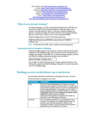 More Details blog:http://sandyclassic.wordpress.com
linkedin:https://www.linkedin.com/in/sandepsharma
slideshare:http://www.slideshare.net/SandeepSharma65
facebook:https://facebook.com/sandeepclassic
google+ http://google.com/+SandeepSharmaa
Twitter: https://twitter.com/sandeeclassic
http://thedatawarehouseclassics.wordpress.com
http://businessintelligencetechnologytrend.wordpress.com
 