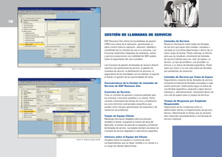 16
GESTIÓN DE LLAMADAS DE SERVICIO
SAP Business One ofrece funcionalidades de gestión
CRM como parte de la aplicación, garantizando un
pleno control sobre la captación, retención, fidelidad y
rentabilidad de los clientes de cara a su empresa. Las
funciones totalmente integradas de marketing, ventas
y servicio proporcionan una visibilidad de 360º grados
sobre el seguimiento del ciclo completo.

Figura 12: Gestión de llamadas de servicio

Las funciones de gestión de llamadas de servicio ofrecen
soporte a las operaciones de servicio, la gestión de
contratos de servicio, la planificación de servicios, el
seguimiento de las actividades con los clientes, el soporte
al cliente y la gestión de las oportunidades de venta.
Características de la Gestión de Llamadas de
Servicio de SAP Business One
Contratos de Servicio
Cree un contrato de garantía o soporte estándar para
los artículos o servicios vendidos a un cliente. Dicho
contrato contemplará las fechas de inicio y finalización,
así como términos contractuales específicos que
pueden incluir tiempos garantizados de respuesta o de
resolución de problemas.
Tarjeta de Equipo Cliente
Mantenga información detallada sobre los artículos
vendidos al cliente, incluyendo el número de serie del
fabricante, el número de serie de un repuesto y el historial
de llamadas de servicio. Las tarjetas también enumeran los
contratos de servicio asignados a cada artículo específico.

Figura 13: Tarjeta de equipo cliente

Informes sobre el Equipo del Cliente
Visualice todos los equipos y números de serie
correspondientes que se hayan vendido a un cliente o a
un rango de clientes determinado.

Llamadas de Servicio
Revise la información sobre todas las llamadas
de servicio que hayan sido creadas, resueltas o
cerradas en una fecha determinada o dentro de un
cierto rango de fechas. Podrá restringir el informe
para que se visualicen únicamente las llamadas
de servicio hechas para una ‘cola’ de espera, un
técnico, un tipo de problema, una prioridad, un
artículo o un status de llamada especíﬁcos. Podrá
optar por incluir o no una vista sobre las llamadas
aún pendientes de resolución.
Llamadas de Servicio por Colas de Espera
Seguimiento y soporte de las llamadas de servicio,
revisando el historial de llamadas asociadas a cada
evento particular. Usted podrá seguir el status de
una llamada especíﬁca y asignarla a algún técnico
individual o, alternativamente, mantenerla dentro de
una cola de espera para un equipo de técnicos.
Tiempo de Respuesta por Empleado
Responsable
Seguimiento de las incidencias entre un
determinado cliente y el departamento de servicio
técnico, determinando el tiempo que se necesita
para responder apropiadamente a una llamada de
servicio individual.

 