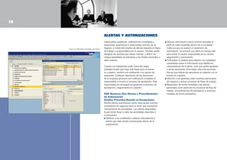 18
ALERTAS Y AUTORIZACIONES

Figura 15: Respuesta inmediata a las alertas

Usted podrá establecer notificaciones inmediatas y
respuestas automáticas a importantes eventos de su
negocio, a través del empleo de alertas basadas en flujos
de trabajo y programables por el usuario. También podrá
designar los eventos que desea rastrear, y definir los
rangos aceptables de tolerancia y los límites asociados a
tales eventos.
Cuando los indicadores estén fuera del rango
predeterminado que haya sido fijado para el evento
en cuestión, recibirá una notificación con opción de
respuesta. Cualquier desviación de las directrices
de la empresa generará una notificación inmediata al
responsable e iniciará un proceso de aprobación. Este
responsable se encargará de gestionar el proceso de
aprobación y seguimiento en cuestión.
SAP Business One Alertas y Procedimientos
de Autorización
Gestión Proactiva Basada en Excepciones
Reciba alertas automáticas sobre importantes eventos
empresarial de negocios para no tener que monitorizar
manualmente las actividades. Las alertas disponibles
le permitirán llevar a cabo las actividades descritas a
continuación:
Notificar a los empleados cualquier discrepancia o
evento que esté siendo monitorizado dentro de la
organización.

Ofrecer información interna (online) asociada al
perfil de cada empleado dentro de la compañía.
Cada vez que se supere un parámetro de
autorización, se activará una alerta en tiempo real
para avisar al usuario responsable de su control,
seguimiento y autorización.
Profundizar el análisis para obtener una visibilidad
instantánea sobre la información que detalla las
características de la alerta, cosa que podrá ayudarle
a tomar decisiones informadas sobre las acciones
futuras que habrán de ejecutarse en relación con el
evento en cuestión.
Informar a los gerentes sobre eventos particulares
del negocio y activar procesos de flujos de trabajo.
Responder de forma inmediata a las alertas
generadas como parte de los procesos de flujo de
trabajo, procedimientos de aprobación y acciones
iniciadas de forma automática.

 