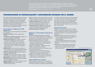 “SAP Business One nos ha aportado una considerable agilidad en la gestión financiera y
comercial, permitiéndonos optimizar más nuestro tiempo y esfuerzo. Además, la solución aporta
la capacidad de un control y seguimiento óptimos de la información que permite la obtención
inmediata y actualizada de datos de cualquier área del negocio”.
Carlos Tascón, Director General de Grupo Tascón

19

FUNCIONALIDADES DE PERSONALIZACIÓN Y CONFIGURACIÓN DEFINIDAS POR EL USUARIO
SAP Business One le proporciona poderosas herramientas
que permiten configurar formatos de impresión, consultas
e informes a la medida de sus requisitos empresariales
específicos, sin necesidad de un conocimiento técnico
especializado. Usted podrá establecer las configuraciones
para definir tipos de cambio, fijar parámetros de
autorización, y crear funciones de importación y exportación
de correo interno, correo electrónico y datos.
Características de Configuración de SAP
Business One
SAP Business One ofrece las siguientes funcionalidades
de configuración:
Selección de empresa: diversas configuraciones
básicas
Inicialización y preferencias generales: detalles de la
empresa y configuraciones generales
Definiciones de usuario: plan contable, indicadores
de impuestos, empleados de ventas, territorios,
proyectos, formatos de dirección, condiciones de
pago, proveedores, clientes, grupos de artículos y
comisiones, almacenes, plantillas y colas de espera
para contratos de servicio, bancos, vías de pago y
métodos de envío
Autorizaciones: acceso controlado a la información
(total, de sólo lectura, o de acceso denegado); accesos
de usuario según equipo, departamento o sucursal
Definición de tipos de cambio: la base de todos los
informes y datos registrados
Utilidades: copias de seguridad de datos, procesos
automatizados, e importación y exportación de datos
Recuperación: administración y extracción de datos
Funciones de alerta: definición de perfiles personales
para los mensajes de advertencia
Envío de mensajes: usuario interno, cliente y proveedor
Saldos iniciales: para la cuenta del mayor e
interlocutores comerciales

Registro de datos maestros para la aplicación completa
Fichas de Interlocutores comerciales, que contienen los
registros de datos maestros de un cliente o proveedor
Listas de materiales: árboles de productos que
representan el artículo de cabecera (padre) y los
artículos individuales (hijos) asignados a éste
Documento de venta o compra: documentos para
la línea de cabecera y las líneas de documento que
contienen las partidas individuales asignadas
Asientos según título o descripción.

Adaptación a las Necesidades Cambiantes del
Negocio
SAP Business One puede adaptarse de diferentes
formas a las necesidades cambiantes de su negocio, sin
que ello genere una carga pesada y permanente sobre el
departamento de Tecnologías de la Información:
Guarde preferencias de formatos, consultas e
informes, permitiendo que los modelos de proceso
implementados reflejen directa y efectivamente las
actividades cotidianas del negocio
Integre otras aplicaciones, rentabilizando de esta
manera sus inversiones en tecnología
Controle las transacciones y flujos de trabajo a través
de funcionalidades de alerta
Implemente los cambios en SAP Business One
inmediatamente con el ﬁn de adaptar velozmente la
aplicación a las variaciones y las alteraciones
Integre toda modificación a las nuevas versiones de
la aplicación con un mínimo esfuerzo, reduciendo los
costes asociados a las actualizaciones
Campos Definidos por el Usuario
Defina sus propios campos dentro de las ventanas de
objetos de datos para artículos tales como interlocutores
comerciales, documentos comerciales y especificaciones

de inventario. Usted podrá seleccionar campos deﬁnidos
por el usuario para diversos tipos de información, tales
como textos, direcciones, números telefónicos, URLs,
anexos de archivo, imágenes y listas desplegables.
Estos campos reflejarán automáticamente los cambios
presentados en su base de datos cada vez que se lleve a
cabo una actualización.
Búsquedas Formateadas
Registre los valores para cada campo de la aplicación,
incluyendo campos deﬁnidos por el usuario, a partir de
un proceso predefinido de búsqueda. Usted podrá utilizar
búsquedas formateadas en las situaciones descritas a
continuación:
Registro automático de valores en los campos, de
acuerdo con alguna de las siguientes circunstancias:
– Uso de diferentes objetos en la aplicación
– Listas predefinidas
– Consultas predefinidas (definidas por el usuario)
Definición de dependencias entre los campos de la
aplicación.
Visualización de campos usados únicamente para
consultas, tales como firma de usuario, fecha de
creación y saldo de cheques pendientes (para un
interlocutor comercial).

Figura 16: Campos definidos por el usuario

 
