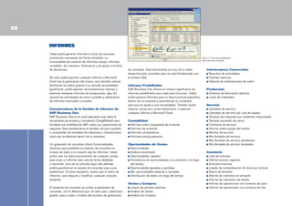 20
INFORMES
Usted podrá generar informes e iniciar las acciones
correctivas necesarias de forma inmediata. La
funcionalidad de creación de informes incluye: informes
contables, de inventario, financieros y de apoyo a la toma
de decisiones.
No solo podrá exportar cualquier informe a Microsoft
Excel tras la generación del mismo, sino también extraer
fácilmente los datos gracias a su sencilla accesibilidad.
Igualmente, podrá ejecutar reconciliaciones internas y
externas mediante informes de excepciones, algo útil
durante las actividades de cierre contable y elaboración
de informes mensuales y anuales.
Características de la Gestión de Informes de
SAP Business One
SAP Business One es la única aplicación que utiliza la
herramienta de arrastre y vinculación (DragRelate) para
brindarle una visibilidad de 360º sobre sus operaciones de
negocios. Esta característica es también útil para ayudarle
a comprender de inmediato las relaciones y transacciones
clave que se efectúan dentro de su empresa.
Un generador de consultas ofrece funcionalidades
intuitivas que posibilitan la creación de consultas en
la base de datos y la creación ágil de informes. Usted
podrá usar los datos provenientes de cualquier campo
para crear un informe, bien sea de forma detallada
o resumida. Una vez la consulta haya sido definida,
podrá guardarla en la carpeta de consultas para usos
posteriores. Si fuere necesario, podrá usar el editor de
informes para depurar y modificar cualquier consulta
existente.
El asistente de consultas es similar al generador de
consultas, con la diferencia que, en este caso, usted será
guiado, paso a paso, a través del proceso de generación

Figura 17: Informes predefinidos
para cada área funcional

de consultas. Esta herramienta es muy útil si usted
desea formular consultas pero no está familiarizado con
la sintaxis SQL.
Informes Predefinidos
SAP Business One ofrece un número significativo de
informes predefinidos para cada área funcional. Usted
podrá generar Informes para un área funcional específica
dentro de su empresa y parametrizar su contenido
para que se ajuste a sus necesidades. También podrá
imprimir, enviar por correo electrónico, o exportar
cualquier informe a Microsoft Excel.
Contabilidad
Informes sobre antigüedad de la deuda
Informes de empresa
Informes comparativos
Informes presupuestarios
Oportunidades de Ventas
Oportunidades
Análisis escalonado
Oportunidades: pipeline
Pronósticos de oportunidades y su previsión a lo largo 	
del tiempo
Oportunidades ganadas y perdidas
Mis oportunidades abiertas y cerradas
Distribución de leads a lo largo del tiempo
Ventas y Compras
Listado de partidas abiertas
Análisis de ventas
Análisis de compras

Interlocutores Comerciales
Resumen de actividades
Clientes inactivos
Historial de reclamaciones de cobro
Producción
Órdenes de fabricación abiertas
Listas de materiales
Servicio
Llamadas de servicio
Llamadas de servicio por cola de espera
Tiempos de respuesta por empleado responsable
Tiempos promedio de cierre
Contratos de servicio
Informe sobre equipo del cliente
Monitor de servicio
Mis llamadas de servicio
Mis llamadas de servicio pendientes
Mis llamadas de servicio atrasadas
Inventario
Lista de artículos
Últimos precios vigentes
Artículos inactivos
Listado de contabilización de stock por artículo
Status de almacén
Informe de inventario en almacén
Informe de valoración de stocks
Informe de operaciones con números de serie
Informe de operaciones con números de lote

 