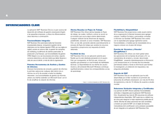 DIFERENCIADORES CLAVE
La aplicación SAP® Business One es un gran avance del
desarrollo del software de gestión empresarial dirigido
a las pequeñas empresas, y ofrece los diferenciadores
clave descritos a continuación:

Alertas Basadas en Flujos de Trabajo
SAP Business One ofrece alertas basadas en flujos
de trabajo, las cuales, notifican y entran en acción en
el momento que ocurra algún evento determinado.
Cualquier violación de las directrices de negocio
predefinidas, activarán un aviso inmediato. SAP Business
One, va más allá, activando además automáticamente un
proceso de flujos de trabajo que canaliza los recursos
requeridos y proporciona una respuesta al evento
detectado.

Funcionalidades Integrales
SAP Business One automatiza todas las funciones
empresariales básicas, incluyendo la gestión de las
relaciones con los clientes (gestión CRM, por sus siglas en
inglés); acceso en entorno web, la gestión de campañas
de marketing y la definición de clientes potenciales; la
producción y las finanzas. Las funcionalidades de gestión
CRM integran a su vez los procesos de ventas, soporte,
comercio electrónico y de otra índole que deben llevarse a
cabo de cara al cliente, a nivel de toda la organización.
Potentes Herramientas de Análisis y Gestión
de Informes
Diversas herramientas de consulta y gestión de informes
le permiten seleccionar cualquier dato dentro de un
informe con el fin de acceder a todos los detalles
relevantes. Las funcionalidades de gestión de informes
utilizan una interfaz estándar con Microsoft Excel, con el
fin de simplificar la creación de informes.

Facilidad de Uso
SAP Business One es una aplicación potente pero
flexible que ha sido diseñada pensando en el usuario
final; por consiguiente, es fácil de usar, incluso por
aquellos que presentan un nivel limitado de habilidades
técnicas. La disponibilidad de una interfaz de usuario
intuitivo y del ambiente Microsoft Windows contribuye
significativamente a reducir las correspondientes curvas
de aprendizaje.

Figura 1: La oficina Integrada con SAP® Business One

Flexibilidad y Adaptabilidad
SAP Business One proporciona a cada usuario dentro
de su organización la libertad necesaria para agregar
campos, modificar formatos y personalizar consultas
e informes con facilidad. SAP Business One cuenta
con la capacidad para agregar ágilmente nuevas
funcionalidades, a medida que las necesidades de su
negocio crezcan con el paso del tiempo.
Función de ‘Arrastrar y Vincular’
(DragRelate™)
SAP Business One ofrece una visión global sobre
las operaciones de la empresa de principio a fin. La
característica de arrastrar y vincular, denominada
DragRelate™, presenta instantáneamente la información
y las transacciones en un formato fácil de entender,
permitiendo analizar a fondo la información para facilitar
la investigación y la obtención de respuestas a las
preguntas planteadas.
Soporte de SAP
SAP Business One es una aplicación que ha sido
desarrollada por el líder mundial en el suministro de
soluciones de software empresarial, con más de 30 años
de experiencia y más de 12 millones de usuarios a escala
mundial.

Ejecutivo
Servicios

Operaciones

SAP Business One

Finanzas

Ventas

Soluciones Verticales Integradas y Certificadas
Los partners de SAP ofrecen potentes funcionalidades
verticales e integradas para la aplicación SAP Business
One. Actualmente hay más de 300 soluciones de software
independientes disponibles. SAP supervisa su calidad muy
de cerca para asegurar la mejor experiencia posible para el
cliente. Muchas de estas soluciones han sido sometidas
a revisión por parte de SAP, con el objeto de hacerse
merecedoras de la certificación como producto susceptible
de ser integrado en la aplicación SAP Business One.

 