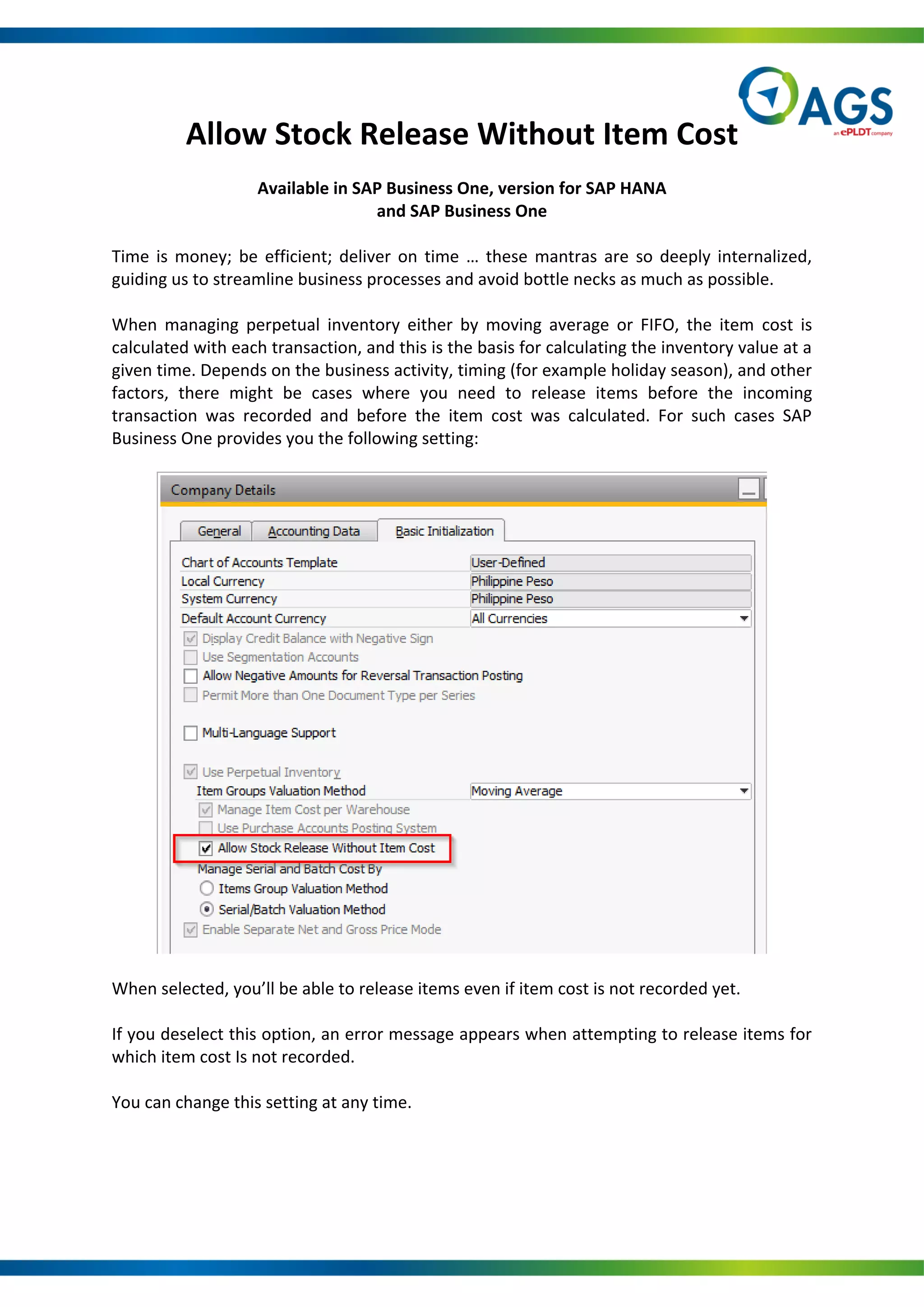 Ssap Able SAP B1 Quickhit: Allow Stock Release Without Item Cost | PDF