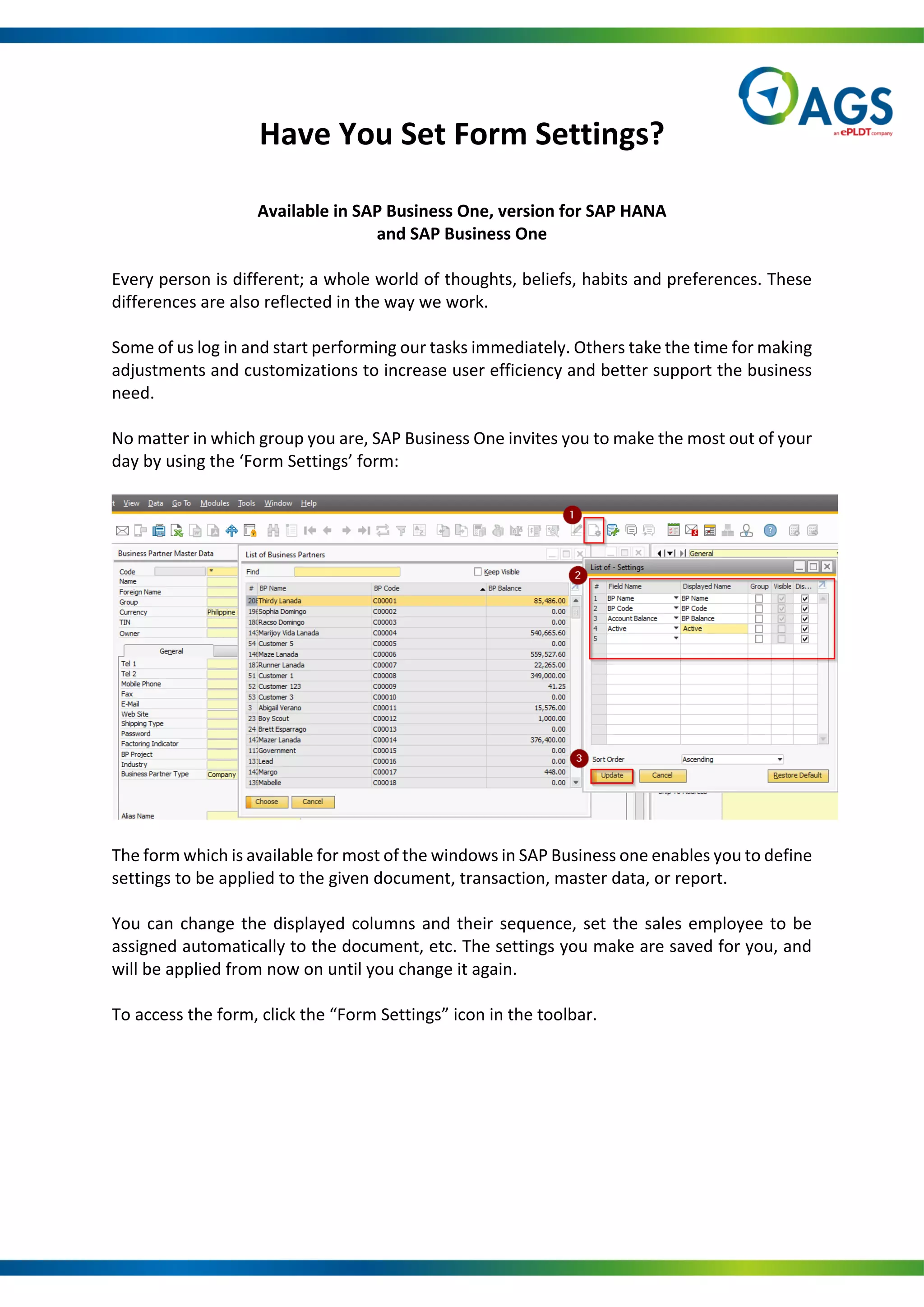 SAP B1 Quickhit Have You Set Form Settings PDF