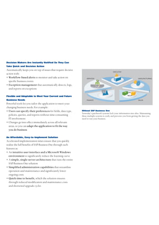 Decision Makers Are Instantly Notified So They Can
Take Quick and Decisive Action
Automatically keeps you on top of issues that require decisive
                                                                                                   EXECUTIVE
action with:
• Workflow-based alerts to monitor and take action on                 SERVICES                                                MANUFACTURING
  specific business events
• Exception management that automatically detects, logs,
  and reports on exceptions

Flexible and Adaptable to Meet Your Current and Future
Business Needs                                                        FINANCE                                                 SALES

Powerful tools let you tailor the application to meet your
changing business needs. For example:
• Users can specify their preferences for fields, data type,     Without SAP Business One
                                                                 Yesterday’s patchwork systems lock your information into silos. Maintaining
  policies, queries, and reports without time-consuming          these multiple systems is costly and prevents you from getting the data you
  IT involvement                                                 need to run your business.
• Changes go into effect immediately across all relevant
  areas, so you can adapt the application to fit the way
  you do business

An Affordable, Easy-to-Implement Solution
Accelerated implementation times ensure that you quickly
realize the full benefits of SAP Business One through such
features as:
• An intuitive user interface and a Microsoft Windows
  environment to significantly reduce the learning curve
• A simple, single-server architecture that runs the entire
  SAP Business One solution
• Simplified administration capabilities that streamline
  operation and maintenance and significantly lower
  ongoing costs
• Quick time to benefit, which the solution ensures
  through reduced modification and maintenance costs
  and shortened upgrade cycles
 