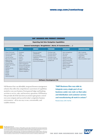 www.sap.com /contactsap




                                                                                             SAP® BUSINESS ONE PRODUCT COVERAGE

                                                                                               Reporting And Data Navigation Capabilities

                                                                  General Technologies (Drag&Relate™; Alerts; UI Customization . . .)

     FINANCIALS                                    SALES                                         SERVICE                                          PURCHASE                      INVENTORY                MANUFACTURING

 –   Chart of accounts                         – Quotation                                   – Service contract                               –   Purchase order            –   Items management     –   Bill of materials
 –   Accounts segments                         – Order                                         management                                     –   Purchase delivery         –   Item query           –   Production orders
 –   Journal entry                             – Drop ship                                   – Service planning                               –   Purchase return           –   Price list           –   Forecasting
 –   Journal voucher                           – Invoice                                     – Customer tracking across                       –   Purchase invoice          –   Receipt to stock     –   MRP wizard
                                                                                               interactions
 –   Recurrent transaction                     – Delivery                                                                                     –   Purchase credit note      –   Release from stock   –   Recommendation report
                                                                                             – Knowledge database
 –   Multicurrency                             – Return                                                                                       –   Landed cost               –   Stock transactions
     exchange rate                                                                           – Service call management
                                               – Multicurrency price lists                                                                                                  –   Warehouse transfer
 –   Financial reports                         – Client management                                                                                                          –   Serial numbers
 –   Budget cost centers                       – Gross profit calculation                                                                                                   –   Batches management
 –   Sales tax                                 – Contact management                                                                                                         –   Pick and pack
 –   Multiple periods                          – Opportunities and                                                                                                          –   Kitting
 –   Deposit                                     pipeline management
 –   Checks                                    – Outlook integration
 –   Credits
 –   Receipt
 –   Deferred payment


                                                                                                                   Software Development Kit



SAP Business One is an affordable, integrated business management                                                                                                “SAP Business One was able to
solution that offers the comprehensive assortment of capabilities                                                                                                integrate every single part of our
needed to run your business. From general ledger and banking
                                                                                                                                                                 business under one roof, so that sales
activities to service, sales, and inventory operations, SAP Business
                                                                                                                                                                 and distribution and customer service
One provides all of the functions you need to gain greater control
over your company and succeed in today’s competitive business                                                                                                    and manufacturing all work in unison.”
environment – all in one easy to use, customizable, and                                                                                                          Rolando Cohen, CFO, Yak Pak
scalable solution.




50 059 233 (04/10)
© 2004 byas their respective logos are trademarksmySAP, mySAP.com, xApps, xApp, AG in Germanyproductsseveral other countries allhere-
in as well
           SAP AG. All rights reserved. SAP, R/3,
                                                  or registered trademarks of SAP
                                                                                  and other SAP
                                                                                                and in
                                                                                                       and services mentioned
                                                                                                                                 over
the world. All other product and service names mentioned are the trademarks of their respective companies. Data contained in this document
serves informational purposes only. National product specifications may vary. Printed on environmentally friendly paper.
These materials are subject to change without notice. These materials are provided by SAP AG and its affiliated companies (“SAP Group”)
for informational purposes only, without representation or warranty of any kind, and SAP Group shall not be liable for errors or omissions with
respect to the materials. The only warranties for SAP Group products and services are those that are set forth in the express warranty state-
ments accompanying such products and services, if any. Nothing herein should be construed as constituting an additional warranty.
 
