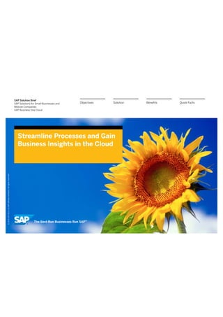 SAP Solution Brief
SAP Solutions for Small Businesses and
Midsize Companies
SAP Business One Cloud
Streamline Processes and Gain
Business Insights in the Cloud
SolutionObjectives Quick Facts
 