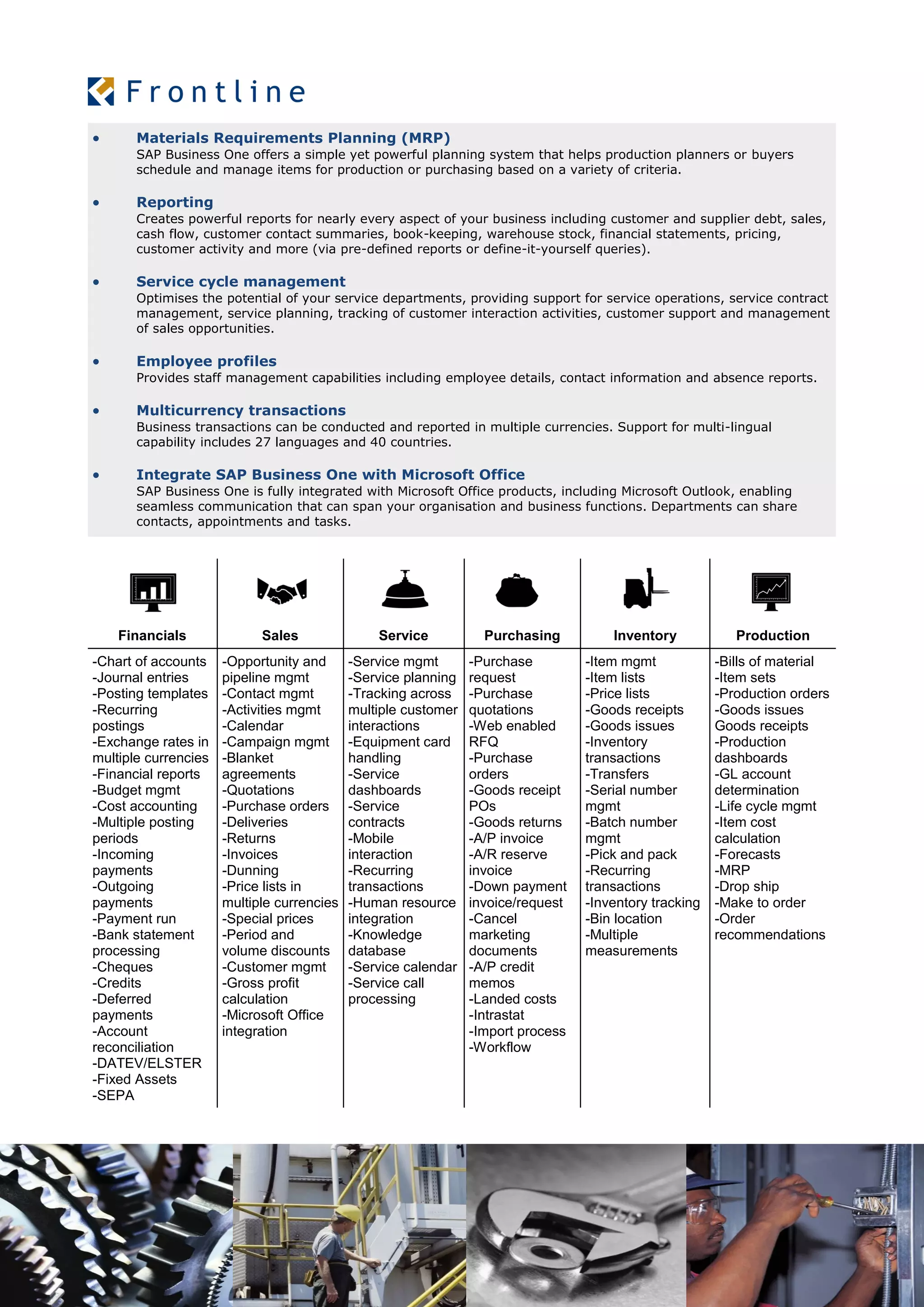  Materials Requirements Planning (MRP)
SAP Business One offers a simple yet powerful planning system that helps production planners or buyers
schedule and manage items for production or purchasing based on a variety of criteria.
 Reporting
Creates powerful reports for nearly every aspect of your business including customer and supplier debt, sales,
cash flow, customer contact summaries, book-keeping, warehouse stock, financial statements, pricing,
customer activity and more (via pre-defined reports or define-it-yourself queries).
 Service cycle management
Optimises the potential of your service departments, providing support for service operations, service contract
management, service planning, tracking of customer interaction activities, customer support and management
of sales opportunities.
 Employee profiles
Provides staff management capabilities including employee details, contact information and absence reports.
 Multicurrency transactions
Business transactions can be conducted and reported in multiple currencies. Support for multi-lingual
capability includes 27 languages and 40 countries.
 Integrate SAP Business One with Microsoft Office
SAP Business One is fully integrated with Microsoft Office products, including Microsoft Outlook, enabling
seamless communication that can span your organisation and business functions. Departments can share
contacts, appointments and tasks.
Financials Sales Service Purchasing Inventory Production
-Chart of accounts
-Journal entries
-Posting templates
-Recurring
postings
-Exchange rates in
multiple currencies
-Financial reports
-Budget mgmt
-Cost accounting
-Multiple posting
periods
-Incoming
payments
-Outgoing
payments
-Payment run
-Bank statement
processing
-Cheques
-Credits
-Deferred
payments
-Account
reconciliation
-DATEV/ELSTER
-Fixed Assets
-SEPA
-Opportunity and
pipeline mgmt
-Contact mgmt
-Activities mgmt
-Calendar
-Campaign mgmt
-Blanket
agreements
-Quotations
-Purchase orders
-Deliveries
-Returns
-Invoices
-Dunning
-Price lists in
multiple currencies
-Special prices
-Period and
volume discounts
-Customer mgmt
-Gross profit
calculation
-Microsoft Office
integration
-Service mgmt
-Service planning
-Tracking across
multiple customer
interactions
-Equipment card
handling
-Service
dashboards
-Service
contracts
-Mobile
interaction
-Recurring
transactions
-Human resource
integration
-Knowledge
database
-Service calendar
-Service call
processing
-Purchase
request
-Purchase
quotations
-Web enabled
RFQ
-Purchase
orders
-Goods receipt
POs
-Goods returns
-A/P invoice
-A/R reserve
invoice
-Down payment
invoice/request
-Cancel
marketing
documents
-A/P credit
memos
-Landed costs
-Intrastat
-Import process
-Workflow
-Item mgmt
-Item lists
-Price lists
-Goods receipts
-Goods issues
-Inventory
transactions
-Transfers
-Serial number
mgmt
-Batch number
mgmt
-Pick and pack
-Recurring
transactions
-Inventory tracking
-Bin location
-Multiple
measurements
-Bills of material
-Item sets
-Production orders
-Goods issues
Goods receipts
-Production
dashboards
-GL account
determination
-Life cycle mgmt
-Item cost
calculation
-Forecasts
-MRP
-Drop ship
-Make to order
-Order
recommendations
 