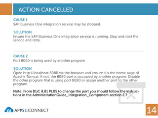 ACTION CANCELLED
14
CAUSE 1
SOLUTION
SAP Business One integration service may be stopped.
Ensure the SAP Business One integration service is running. Stop and start the
service and retry.
CAUSE 2
SOLUTION
Port 8080 is being used by another program
Open http://localhost:8080 via the browser and ensure it is the home page of
Apache Tomcat. If not, the 8080 port is occupied by another program. Disable
the other program that is using port 8080 or assign another port to the other
program.
Note: From B1iC 8.81 PL05 to change the port you should follow the instruc-
tions in the AdministrationGuide_Integration_Component section 2.7
 