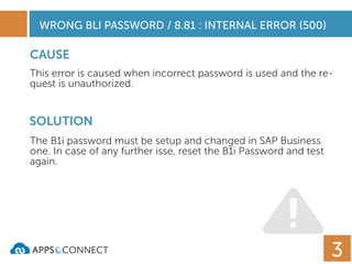 WRONG BLI PASSWORD / 8.81 : INTERNAL ERROR (500)
CAUSE
SOLUTION
This error is caused when incorrect password is used and the re-
quest is unauthorized.
The B1i password must be setup and changed in SAP Business
one. In case of any further isse, reset the B1i Password and test
again.
3
 