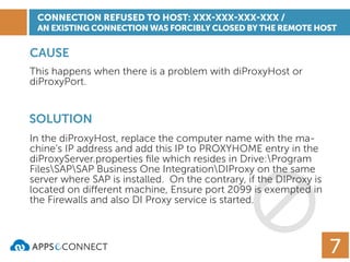 CAUSE
SOLUTION
This happens when there is a problem with diProxyHost or
diProxyPort.
In the diProxyHost, replace the computer name with the ma-
chine’s IP address and add this IP to PROXYHOME entry in the
diProxyServer.properties ﬁle which resides in Drive:Program
FilesSAPSAP Business One IntegrationDIProxy on the same
server where SAP is installed. On the contrary, if the DIProxy is
located on different machine, Ensure port 2099 is exempted in
the Firewalls and also DI Proxy service is started.
7
CONNECTION REFUSED TO HOST: XXX-XXX-XXX-XXX /
AN EXISTING CONNECTION WAS FORCIBLY CLOSED BY THE REMOTE HOST
 