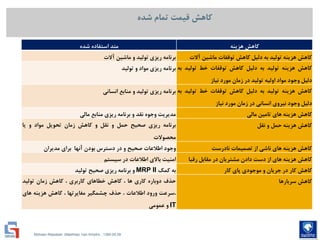 Mohsen Riasatian ,Mashhad, Iran Khodro , 1390.05.09
‫شده‬ ‫تمام‬ ‫قیمت‬ ‫کاهش‬
‫هزینه‬ ‫کاهش‬‫شده‬ ‫استفاده‬ ‫متد‬
‫کاهش‬‫هزینه‬‫تولید‬‫به‬‫دلیل‬‫کاهش‬‫توقفات‬‫ماشین‬‫آالت‬‫برنامه‬‫ریزی‬‫تولید‬‫و‬‫ماشین‬‫آالت‬
‫کاهش‬‫هزینه‬‫تولید‬‫به‬‫دلیل‬‫کاهش‬‫توقفات‬‫خط‬‫تولید‬‫به‬
‫دلیل‬‫وجود‬‫مواد‬‫اولیه‬‫تولید‬‫در‬‫زمان‬‫مورد‬‫نیاز‬
‫برنامه‬‫ریزی‬‫مواد‬‫و‬‫تولید‬
‫کاهش‬‫هزینه‬‫تولید‬‫به‬‫دلیل‬‫کاهش‬‫توقفات‬‫خط‬‫تولید‬‫به‬
‫دلیل‬‫وجود‬‫نیروی‬‫انسانی‬‫در‬‫زمان‬‫مورد‬‫نیاز‬
‫برنامه‬‫ریزی‬‫تولید‬‫و‬‫منابع‬‫انسانی‬
‫کاهش‬‫هزینه‬‫های‬‫تامین‬‫مالی‬‫مدیریت‬‫وجوه‬‫نقد‬‫و‬‫برنامه‬‫ریزی‬‫منابع‬‫مالی‬
‫کاهش‬‫هزینه‬‫حمل‬‫و‬‫نقل‬‫برنامه‬‫ریزی‬‫صحیح‬‫حمل‬‫و‬‫نقل‬‫و‬‫کاهش‬‫زمان‬‫تحویل‬‫مواد‬‫و‬‫یا‬
‫محصوالت‬
‫کاهش‬‫هزینه‬‫های‬‫ناشی‬‫از‬‫تصمیمات‬‫نادرست‬‫وجود‬‫اطالعات‬‫صحیح‬‫و‬‫در‬‫دسترس‬‫بودن‬‫آنها‬‫برای‬‫مدیران‬
‫کاهش‬‫هزینه‬‫های‬‫از‬‫دست‬‫دادن‬‫مشتریان‬‫در‬‫مقابل‬‫رقبا‬‫امنیت‬‫باالی‬‫اطالعات‬‫در‬‫سیستم‬
‫کاهش‬‫کار‬‫در‬‫جریان‬‫و‬‫موجودی‬‫پای‬‫کار‬‫به‬‫کمک‬MRP II‫و‬‫برنامه‬‫ریزی‬‫صحیح‬‫تولید‬
‫کاهش‬‫سربارها‬‫حذف‬‫دوباره‬‫کاری‬‫ها‬،‫کاهش‬‫خطاهای‬‫کاربری‬،‫کاهش‬‫زمان‬‫تولید‬
‫،سرعت‬‫ورود‬‫اطالعات‬،‫حذف‬‫چشمگیر‬‫مغایرتها‬،‫کاهش‬‫هزینه‬‫های‬
IT‫و‬‫عمومی‬
 