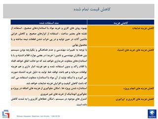 Mohsen Riasatian ,Mashhad, Iran Khodro , 1390.05.09
‫شده‬ ‫تمام‬ ‫قیمت‬ ‫کاهش‬
‫هزینه‬ ‫کاهش‬‫شده‬ ‫استفاده‬ ‫متد‬
‫کاهش‬‫هزینه‬‫ضایعات‬‫بهبود‬‫روش‬‫های‬‫کاری‬‫و‬‫خرید‬‫مواد‬‫با‬‫استانداردهای‬‫صحیح‬،‫استفاده‬‫از‬
‫نقشه‬‫های‬‫معتبر‬‫ساخت‬،‫استفاده‬‫از‬‫ابزارهای‬‫صحیح‬‫و‬‫کاهش‬‫خرابی‬
‫ماشین‬‫آالت‬‫در‬‫حین‬‫تولید‬‫و‬‫در‬‫پی‬‫خراب‬‫شدن‬‫قطعات‬‫نیمه‬‫ساخته‬‫و‬‫یا‬
‫محصول‬‫نهایی‬
‫کاهش‬‫هزینه‬‫های‬‫خرید‬‫های‬‫اشتباه‬‫با‬‫توجه‬‫به‬‫تغییرات‬‫مهندسی‬‫و‬‫عدم‬‫هماهنگی‬‫و‬‫یکپارچه‬‫بودن‬‫سیستم‬
‫بین‬‫همکاران‬‫مهندسی‬‫و‬‫تامین‬(‫خرید‬)‫در‬‫بعضی‬‫موارد‬‫اقالم‬‫اشتباه‬‫و‬‫یا‬‫با‬
‫استانداردهای‬‫متفاوت‬‫خریداری‬‫خواهد‬‫شد‬‫که‬‫دو‬‫حالت‬‫اتفاق‬‫خواهد‬‫افتاد‬
‫یا‬‫اقالم‬‫راکد‬‫و‬‫بدون‬‫استفاده‬‫شده‬‫و‬‫هم‬‫هزینه‬‫انبار‬‫داری‬‫و‬‫هم‬‫هزینه‬
‫توقفات‬‫سرمایه‬‫و‬‫هم‬‫باعث‬‫توقف‬‫خط‬‫تولید‬‫به‬‫دلیل‬‫خرید‬‫اشتباه‬‫صورت‬
‫می‬‫گیرد‬‫و‬‫یا‬‫اینکه‬‫تولید‬‫از‬‫آن‬‫مواد‬‫با‬‫استاندارد‬‫متفاوت‬‫استفاده‬‫می‬‫کند‬
‫که‬‫باعث‬‫کاهش‬‫کیفیت‬‫و‬‫افزایش‬‫هزینه‬‫ضایعات‬‫خواهد‬‫شد‬.
‫کاهش‬‫هزینه‬‫های‬‫انجام‬‫پروژه‬‫استاندارد‬‫شدن‬‫پروژه‬‫ها‬،‫امکان‬‫جلوگیری‬‫از‬‫هزینه‬‫های‬‫اضافه‬‫در‬‫پروژه‬‫و‬
‫جلوگیری‬‫اتوماتیک‬‫از‬‫خرید‬‫های‬‫غیر‬‫ضروری‬
‫کاهش‬‫هزینه‬‫های‬‫کاربری‬‫و‬‫اپراتوری‬‫کنترل‬‫های‬‫موجود‬‫در‬‫سیستم‬،‫امکان‬‫خطاهای‬‫کاربری‬‫را‬‫به‬‫شدت‬‫کاهش‬
‫داده‬‫است‬.
 