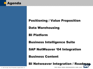 Agenda   Positioning / Value Proposition   Data Warehousing BI Platform Business Intelligence Suite SAP NetWeaver ‘04 Integration Business Content BI Netweaver Integration / Roadmap 