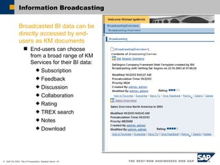 Information Broadcasting Broadcasted BI data can be directly accessed by end-users as KM documents End-users can choose from a broad range of KM Services for their BI data: Subscription Feedback Discussion Collaboration Rating TREX search Notes Download 