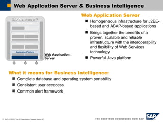 Web Application Server  & Business Intelligence DB and OS Abstraction SAP Netweaver™ Information Integration Application Platform Process  Integration People Integration Web Application Server H omogeneous infrastructure for J2EE-based and ABAP-based applications Brings together the benefits of a proven, scalable and reliable infrastructure with the interoperability and flexibility of Web Services technology Powerful Java platform What it means for Business Intelligence: C omplete database and operating  system portability Consistent user accecess Common alert framework Web Application Server 
