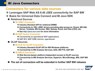 BI Java Connectors Connectors for various data sources    Leverages SAP Web AS 6.40 J2EE connectivity for SAP BW    Basis for Universal Data Connect and BI Java SDK  Relational Sources BI JDBC Connector Industry Standard API for relational DBMS Connectivity to 190+ JDBC drivers providing data access to: Oracle, MS SQL Server, Teradata, MS Access, DB2, Sybase, Excel, text files (CSV), etc. See  http://java.sun.com  for more information BI SAP Query Connector Connectivity to operational SAP applications SAP R/3, SAP CRM, Ad-hoc, operational OLAP Sources BI OLE for OLAP Connector Industry Standard OLAP API for MS Windows platforms Connectivity to MS Analysis Services, SAS, MS PTS, SAP BW BI XMLA Connector Web Service-based, platform-independent access to OLAP sources Connectivity to MS Analysis Services, Hyperion, MicroStrategy, MIS, SAP BW 3.x The set of connectors will be extended in further SAP BW releases 