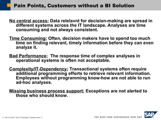 Pain Points, Customers without a BI Solution No central access:  Data relelavnt for decision-making are spread in different systems across the IT landscape. Analyses are time consuming and not always consistent.  Time Consuming:  Often, decision makers have to spend too much time on finding relevant, timely information before they can even analyze it.  Bad Performance:   The response time of complex analyses in operational systems is often not acceptable.  Complexity/IT-Dependency:  Transactional systems often require additional programming efforts to retrieve relevant information. Employees without programming know-how are not able to run ad-hoc analyses. Missing business process support:  Exceptions are not alerted to those who should know.  