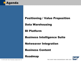 Agenda   Positioning / Value Proposition   Data Warehousing BI Platform Business Intelligence Suite Netweaver Integration Business Content Roadmap 