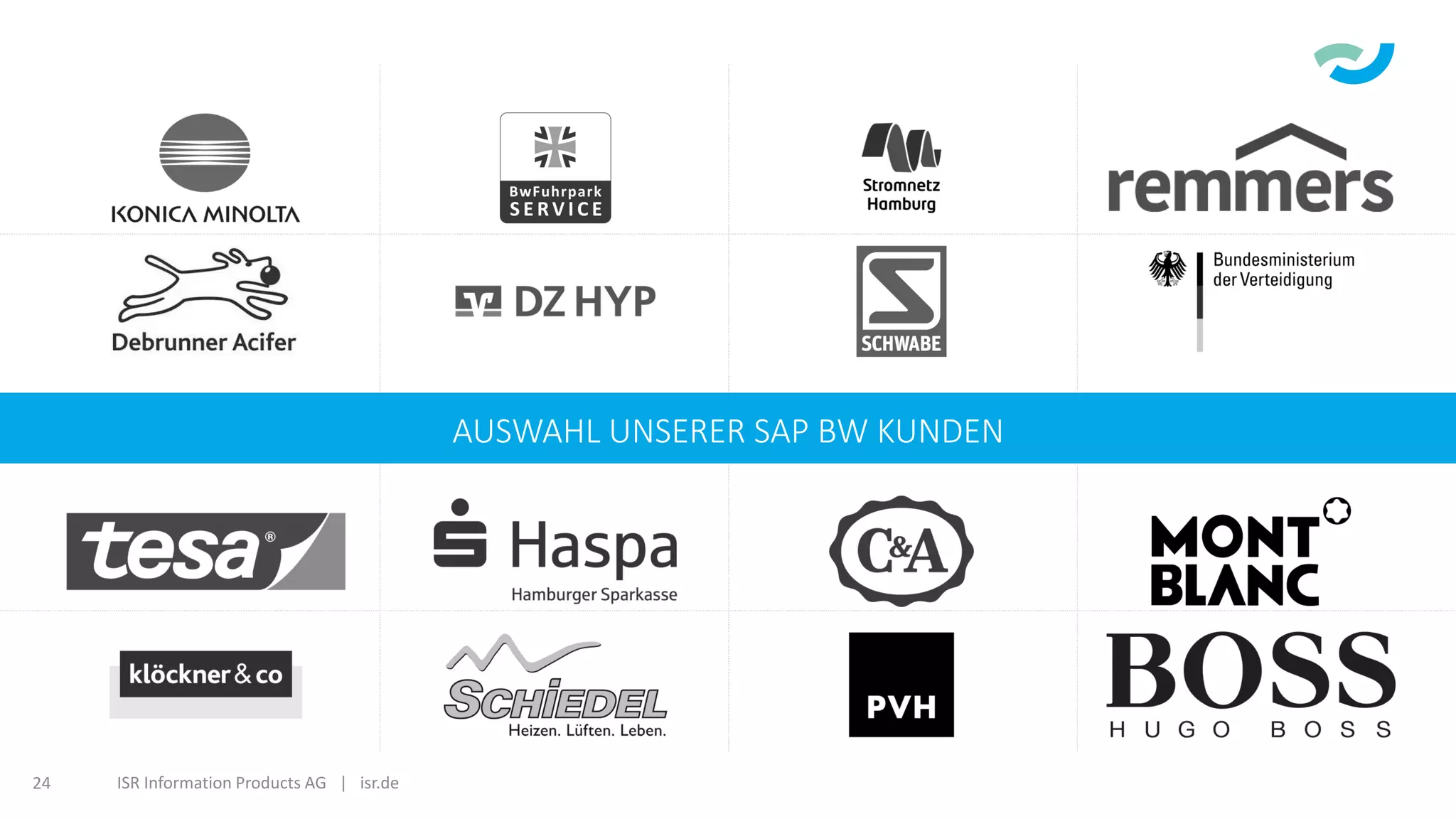ISR Information Products AG | isr.de24
AUSWAHL UNSERER SAP BW KUNDEN
 