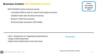 117
PUBLIC
© 2020 SAP SE or an SAP affiliate company. All rights reserved. ǀ
Business Content SAP S/4HANA Finance
SAP S/4HANA Finance Universal Journal:
• Foundation DSO as base for custom built analysis scenarios
• Updated master data and text provisioning
• Based on CDS-View extraction
• Enhanced delta mechanism (CDC-Delta)
• LSA++ Architecture incl. Staging/Corporate Memory
• Usage of DSO (advanced)
• Higher level of detail (down to line item level)
** Delivered with BW4CONT 2.0 SP06
Finance
SAP S/4HANA
SAP S/4HANA
Cloud
Documentation
 