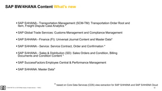 12
PUBLIC
© 2020 SAP SE or an SAP affiliate company. All rights reserved. ǀ
▪ SAP S/4HANA - Transportation Management (SCM-TM): Transportation Order Root and
Item, Freight Dispute Case Analytics *
▪ SAP Global Trade Services: Customs Management and Compliance Management
▪ SAP S/4HANA - Finance (FI): Universal Journal Content and Master Data*
▪ SAP S/4HANA - Service: Service Contract, Order and Confirmation *
▪ SAP S/4HANA - Sales & Distribution (SD): Sales Orders and Condition, Billing
Documents and Condition Content *
▪ SAP SuccessFactors Employee Central & Performance Management
▪ SAP S/4HANA: Master Data*
* based on Core Data Services (CDS) view extraction for SAP S/4HANA and SAP S/4HANA Cloud
SAP BW/4HANA Content What’s new
 