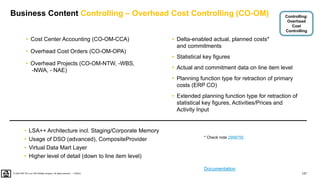 127
PUBLIC
© 2020 SAP SE or an SAP affiliate company. All rights reserved. ǀ
Business Content Controlling – Overhead Cost Controlling (CO-OM)
• Cost Center Accounting (CO-OM-CCA)
• Overhead Cost Orders (CO-OM-OPA)
• Overhead Projects (CO-OM-NTW, -WBS,
-NWA, - NAE)
• LSA++ Architecture incl. Staging/Corporate Memory
• Usage of DSO (advanced), CompositeProvider
• Virtual Data Mart Layer
• Higher level of detail (down to line item level)
• Delta-enabled actual, planned costs*
and commitments
• Statistical key figures
• Actual and commitment data on line item level
• Planning function type for retraction of primary
costs (ERP CO)
• Extended planning function type for retraction of
statistical key figures, Activities/Prices and
Activity Input
Controlling:
Overhead
Cost
Controlling
* Check note 2998755
Documentation
 