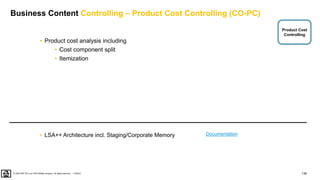 136
PUBLIC
© 2020 SAP SE or an SAP affiliate company. All rights reserved. ǀ
• Product cost analysis including
• Cost component split
• Itemization
• LSA++ Architecture incl. Staging/Corporate Memory
Product Cost
Controlling
Business Content Controlling – Product Cost Controlling (CO-PC)
Documentation
 