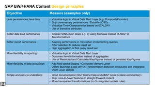 26
PUBLIC
© 2020 SAP SE or an SAP affiliate company. All rights reserved. ǀ
SAP BW/4HANA Content Design principles
Objective Measure (examples only)
Less persistencies, less data - Virtualize logic in Virtual Data Mart Layer (e.g. CompositeProvider)
- Skip unnecessary persistencies / DataMart DSOs
- Virtualize Time Characteristics based on 0CALDAY
- Use of transitive attributes
Better data load performance - Enable HANA-push down e.g. by using formulas instead of ABAP in
Transformations
Better report performance - Keeping performance in mind when implementing queries
- Filter selection to reduce result set
- High aggregation of first query result set
More flexibility in reporting - Virtualize logic in Virtual Data Mart Layer
- Document level information instead of aggregates
- Use of Restricted and Calculated KeyFigures instead of persisted KeyFigures
More flexibility in data acquisition - Add field-based Staging / Corporate Memory Layer
- Define Business Logic only in Transformation between InfoSource and Integrated
DWH Layer aDSOs
Simple and easy to understand - Good documentation (SAP Online Help and ABAP Code in-place commentary)
- Skip „nice-to-have“ features in straight forward content
- More transparent transformations (no 3.x migrated update rules)
 