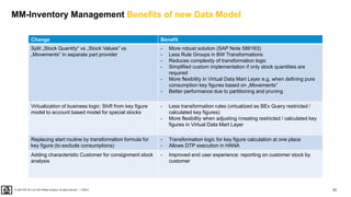 53
PUBLIC
© 2020 SAP SE or an SAP affiliate company. All rights reserved. ǀ
MM-Inventory Management Benefits of new Data Model
Change Benefit
Split „Stock Quantity“ vs „Stock Values“ vs
„Movements“ in separate part provider
- More robust solution (SAP Note 586163)
- Less Rule Groups in BW Transformations
- Reduces complexity of transformation logic
- Simplified custom implementation if only stock quantities are
required
- More flexibility in Virtual Data Mart Layer e.g. when defining pure
consumption key figures based on „Movements“
- Better performance due to partitioning and pruning
Virtualization of business logic: Shift from key figure
model to account based model for special stocks
- Less transformation rules (virtualized as BEx Query restricted /
calculated key figures)
- More flexibility when adjusting /creating restricted / calculated key
figures in Virtual Data Mart Layer
Replacing start routine by transformation formula for
key figure (to exclude consumptions)
- Transformation logic for key figure calculation at one place
- Allows DTP execution in HANA
Adding characteristic Customer for consignment stock
analysis
- Improved end user experience: reporting on customer stock by
customer
 