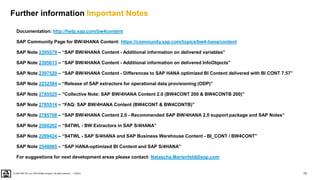 70
PUBLIC
© 2020 SAP SE or an SAP affiliate company. All rights reserved. ǀ
Documentation: http://help.sap.com/bw4content
SAP Community Page for BW/4HANA Content: https://community.sap.com/topics/bw4-hana/content
SAP Note 2395579 – “SAP BW/4HANA Content - Additional information on delivered variables”
SAP Note 2395613 – “SAP BW/4HANA Content - Additional information on delivered InfoObjects”
SAP Note 2397520 – “SAP BW/4HANA Content - Differences to SAP HANA optimized BI Content delivered with BI CONT 7.57”
SAP Note 2232584 – “Release of SAP extractors for operational data provisioning (ODP)”
SAP Note 2785525 – “Collective Note: SAP BW/4HANA Content 2.0 (BW4CONT 200 & BW4CONTB 200)”
SAP Note 2785514 – “FAQ: SAP BW/4HANA Content (BW4CONT & BW4CONTB)”
SAP Note 2785708 – “SAP BW/4HANA Content 2.0 - Recommended SAP BW/4HANA 2.0 support package and SAP Notes“
SAP Note 2500202 – “S4TWL - BW Extractors in SAP S/4HANA”
SAP Note 2289424 – “S4TWL - SAP S/4HANA and SAP Business Warehouse Content - BI_CONT / BW4CONT”
SAP Note 2548065 – “SAP HANA-optimized BI Content and SAP S/4HANA”
For suggestions for next development areas please contact: Natascha.Marienfeld@sap.com
Further information Important Notes
 