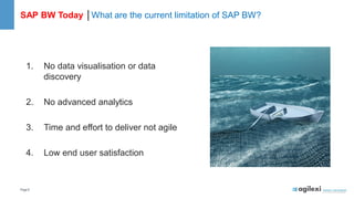 Page8
SAP BW Today │What are the current limitation of SAP BW?
1. No data visualisation or data
discovery
2. No advanced analytics
3. Time and effort to deliver not agile
4. Low end user satisfaction
 