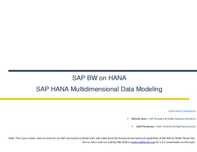SAP BW on HANA
SAP HANA Multidimensional Data Modeling
Community Contributors
 Minesh Amin – SAP BI Expert  HANA Solutions Architect
 Jothi Periasamy –Chief Architect  Big Data Scientist
Note: This is just a draft, more to come for our SAP community to better learn and understand the functional and technical capabilities of SAP BW on HANA. Please feel
free to call or mail me at (916)-296-0228 or JoeSaran@Gmail.com for a 1:1 conversation on this topic
 