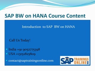 SAP BW on HANA Course Content
Introduction to SAP BW on HANA
Call Us Today!
 India +91 9052775398
 USA +13152825809
 contact@saptrainingsonline.com
 