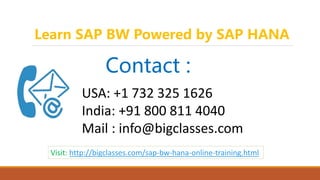 Learn SAP BW Powered by SAP HANA
Contact :
USA: +1 732 325 1626
India: +91 800 811 4040
Mail : info@bigclasses.com
Visit: http://bigclasses.com/sap-bw-hana-online-training.html
 