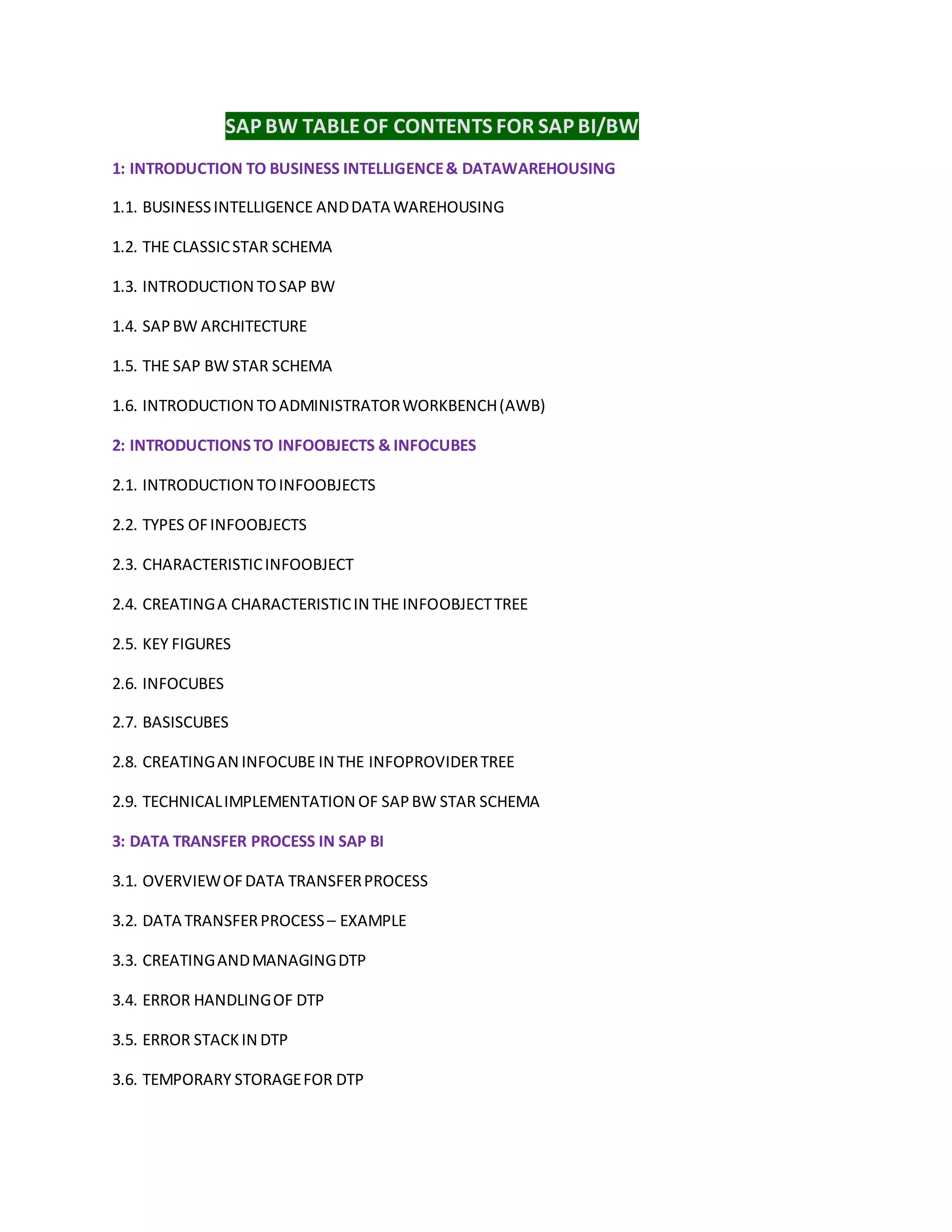 Sap bw table of contents for sap bi | DOCX