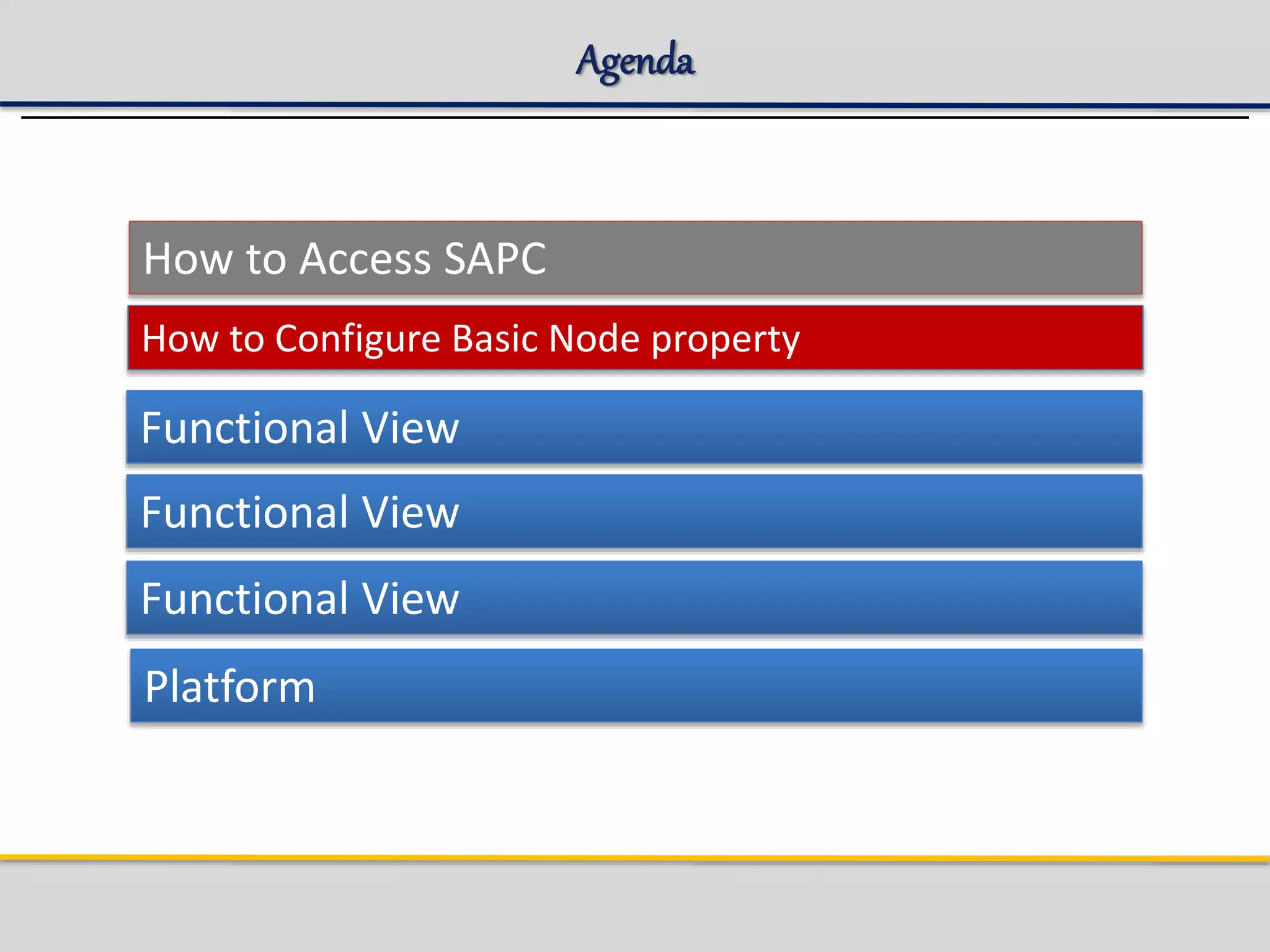 Agenda
How to Access SAPC
How to Configure Basic Node property
Platform
Functional View
Functional View
Functional View
 