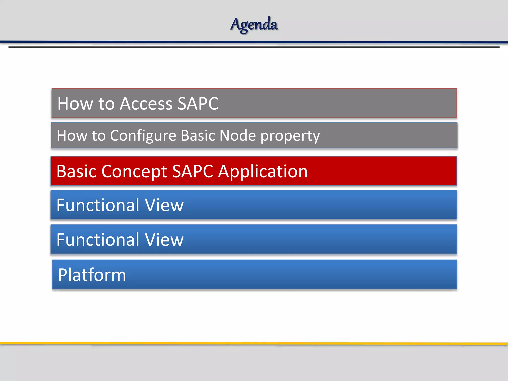 Agenda
How to Access SAPC
How to Configure Basic Node property
Platform
Basic Concept SAPC Application
Functional View
Functional View
 