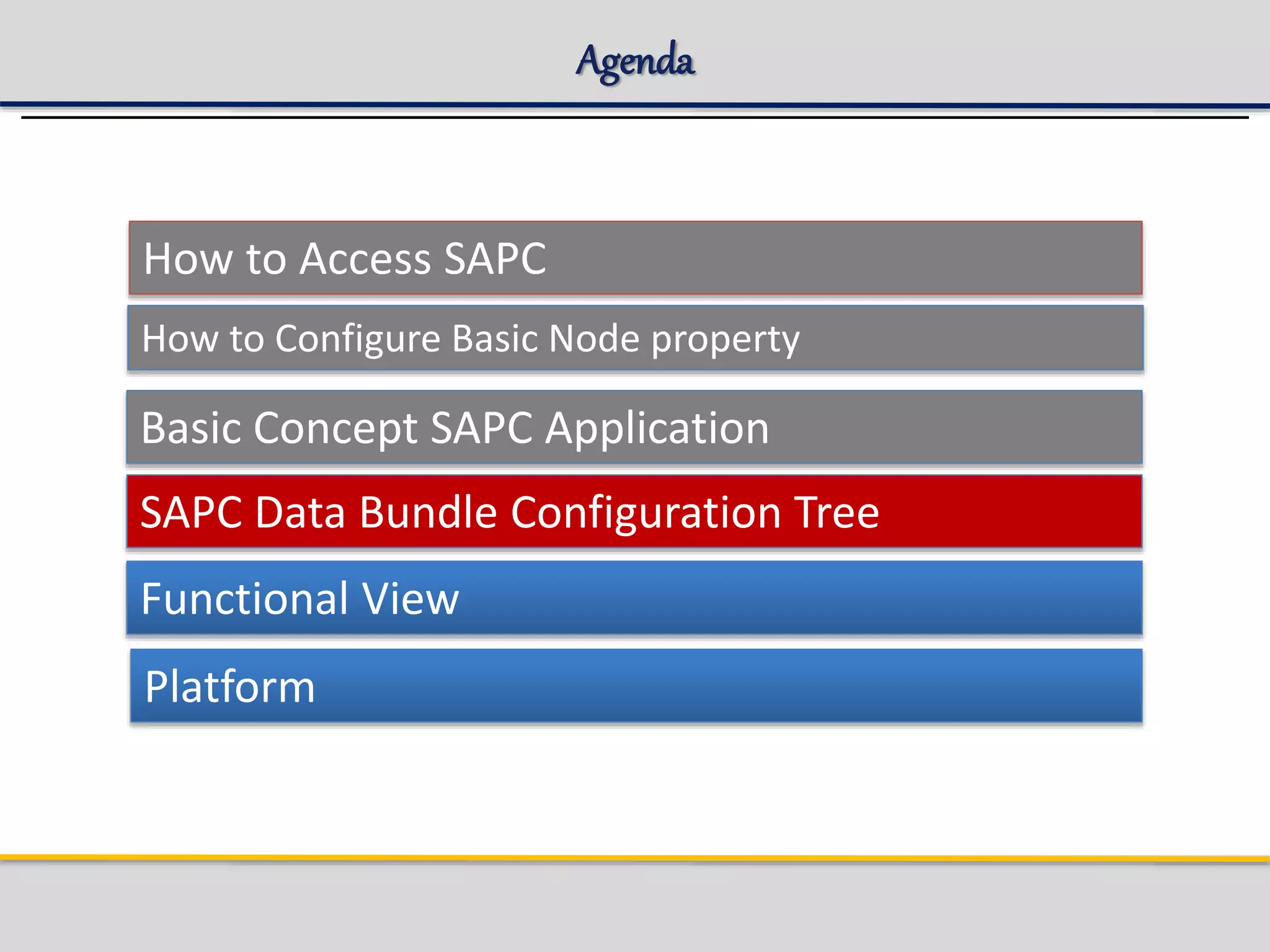 Agenda
How to Access SAPC
How to Configure Basic Node property
Platform
Basic Concept SAPC Application
SAPC Data Bundle Configuration Tree
Functional View
 