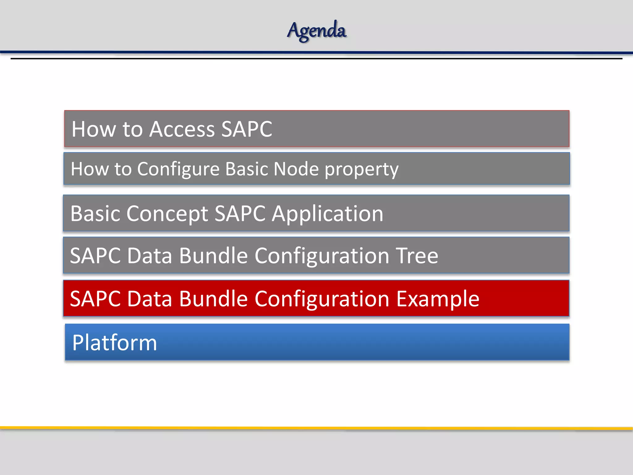 Agenda
How to Access SAPC
How to Configure Basic Node property
Platform
Basic Concept SAPC Application
SAPC Data Bundle Configuration Tree
SAPC Data Bundle Configuration Example
 