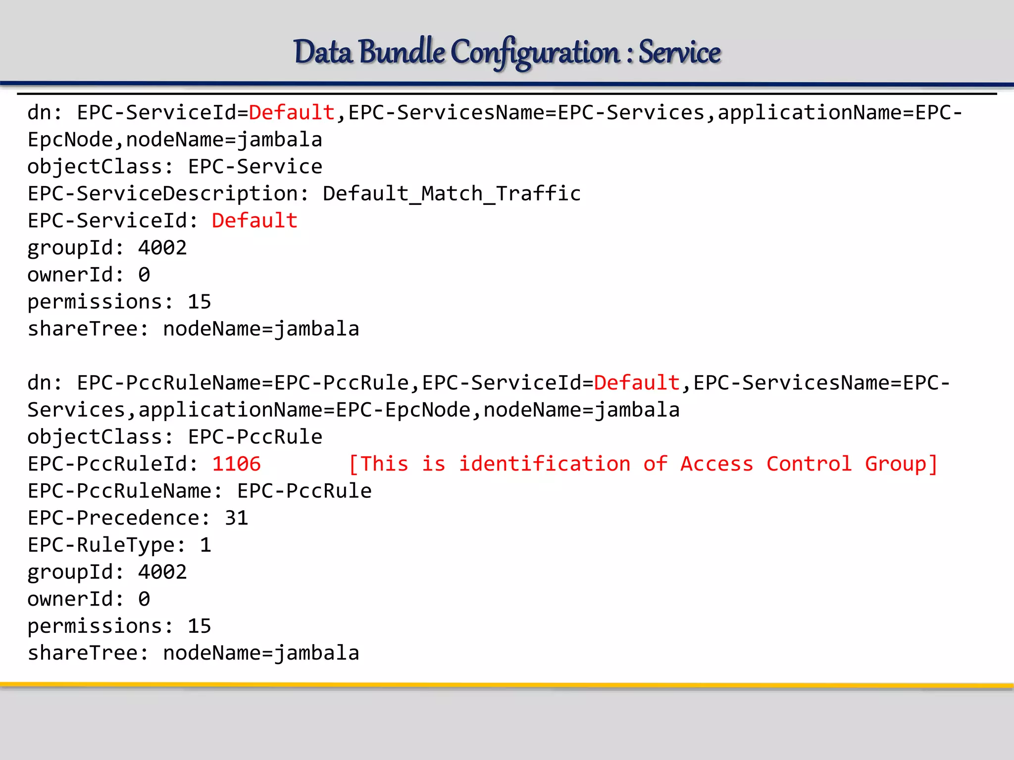 Data BundleConfiguration: Service
dn: EPC-ServiceId=Default,EPC-ServicesName=EPC-Services,applicationName=EPC-
EpcNode,nodeName=jambala
objectClass: EPC-Service
EPC-ServiceDescription: Default_Match_Traffic
EPC-ServiceId: Default
groupId: 4002
ownerId: 0
permissions: 15
shareTree: nodeName=jambala
dn: EPC-PccRuleName=EPC-PccRule,EPC-ServiceId=Default,EPC-ServicesName=EPC-
Services,applicationName=EPC-EpcNode,nodeName=jambala
objectClass: EPC-PccRule
EPC-PccRuleId: 1106 [This is identification of Access Control Group]
EPC-PccRuleName: EPC-PccRule
EPC-Precedence: 31
EPC-RuleType: 1
groupId: 4002
ownerId: 0
permissions: 15
shareTree: nodeName=jambala
 