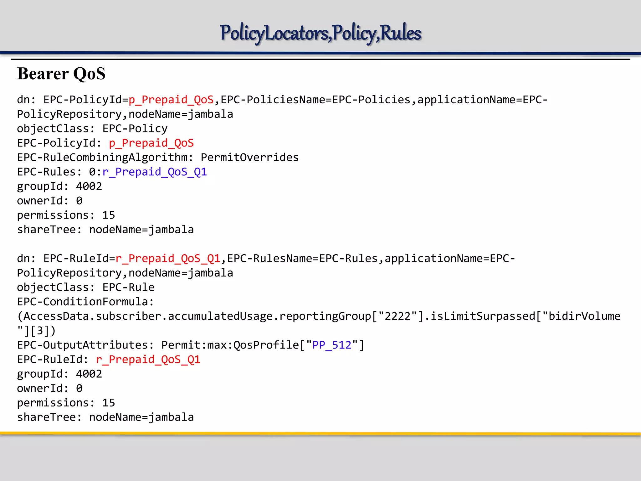PolicyLocators,Policy,Rules
Bearer QoS
dn: EPC-PolicyId=p_Prepaid_QoS,EPC-PoliciesName=EPC-Policies,applicationName=EPC-
PolicyRepository,nodeName=jambala
objectClass: EPC-Policy
EPC-PolicyId: p_Prepaid_QoS
EPC-RuleCombiningAlgorithm: PermitOverrides
EPC-Rules: 0:r_Prepaid_QoS_Q1
groupId: 4002
ownerId: 0
permissions: 15
shareTree: nodeName=jambala
dn: EPC-RuleId=r_Prepaid_QoS_Q1,EPC-RulesName=EPC-Rules,applicationName=EPC-
PolicyRepository,nodeName=jambala
objectClass: EPC-Rule
EPC-ConditionFormula:
(AccessData.subscriber.accumulatedUsage.reportingGroup["2222"].isLimitSurpassed["bidirVolume
"][3])
EPC-OutputAttributes: Permit:max:QosProfile["PP_512"]
EPC-RuleId: r_Prepaid_QoS_Q1
groupId: 4002
ownerId: 0
permissions: 15
shareTree: nodeName=jambala
 