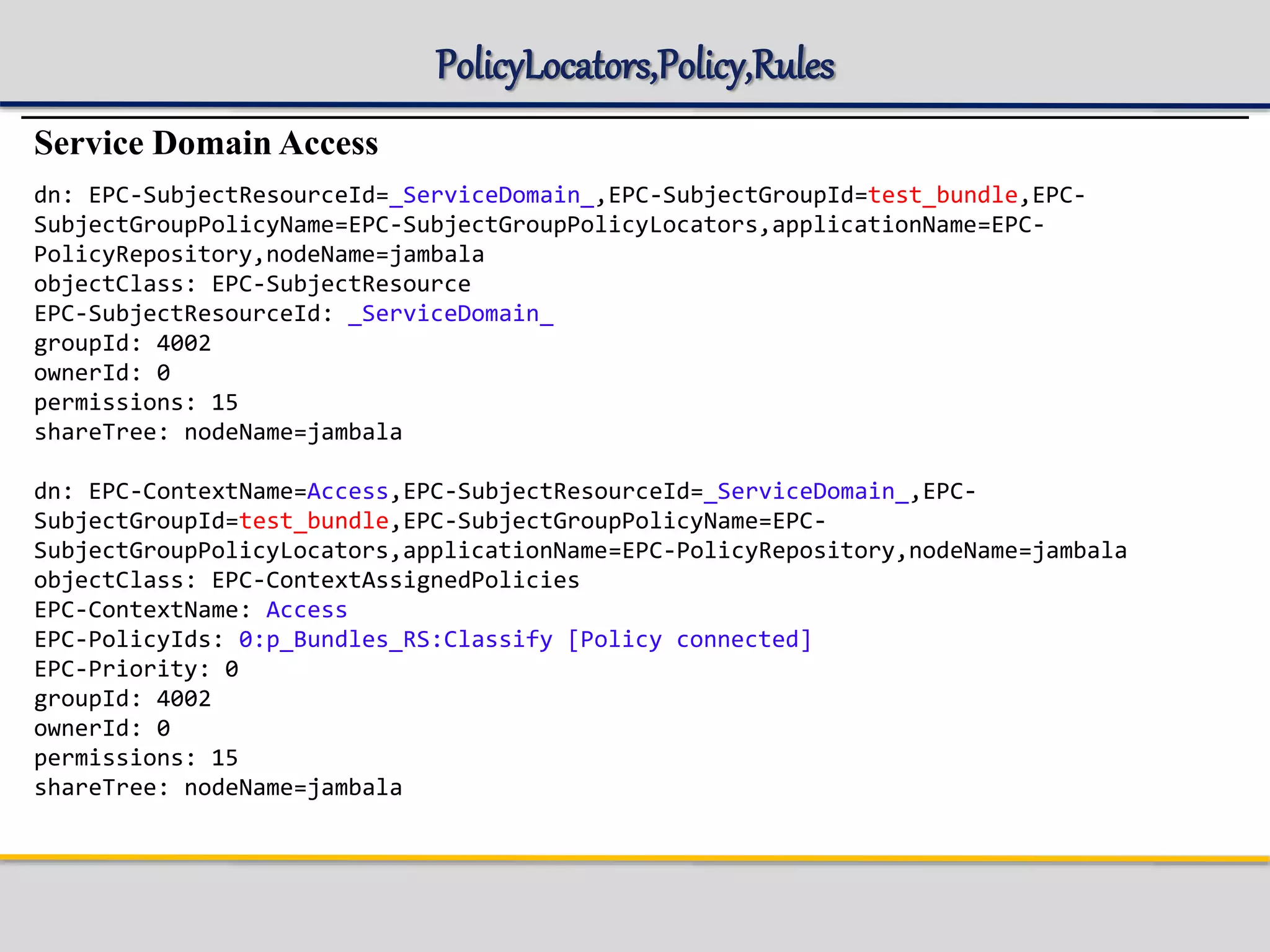 PolicyLocators,Policy,Rules
Service Domain Access
dn: EPC-SubjectResourceId=_ServiceDomain_,EPC-SubjectGroupId=test_bundle,EPC-
SubjectGroupPolicyName=EPC-SubjectGroupPolicyLocators,applicationName=EPC-
PolicyRepository,nodeName=jambala
objectClass: EPC-SubjectResource
EPC-SubjectResourceId: _ServiceDomain_
groupId: 4002
ownerId: 0
permissions: 15
shareTree: nodeName=jambala
dn: EPC-ContextName=Access,EPC-SubjectResourceId=_ServiceDomain_,EPC-
SubjectGroupId=test_bundle,EPC-SubjectGroupPolicyName=EPC-
SubjectGroupPolicyLocators,applicationName=EPC-PolicyRepository,nodeName=jambala
objectClass: EPC-ContextAssignedPolicies
EPC-ContextName: Access
EPC-PolicyIds: 0:p_Bundles_RS:Classify [Policy connected]
EPC-Priority: 0
groupId: 4002
ownerId: 0
permissions: 15
shareTree: nodeName=jambala
 