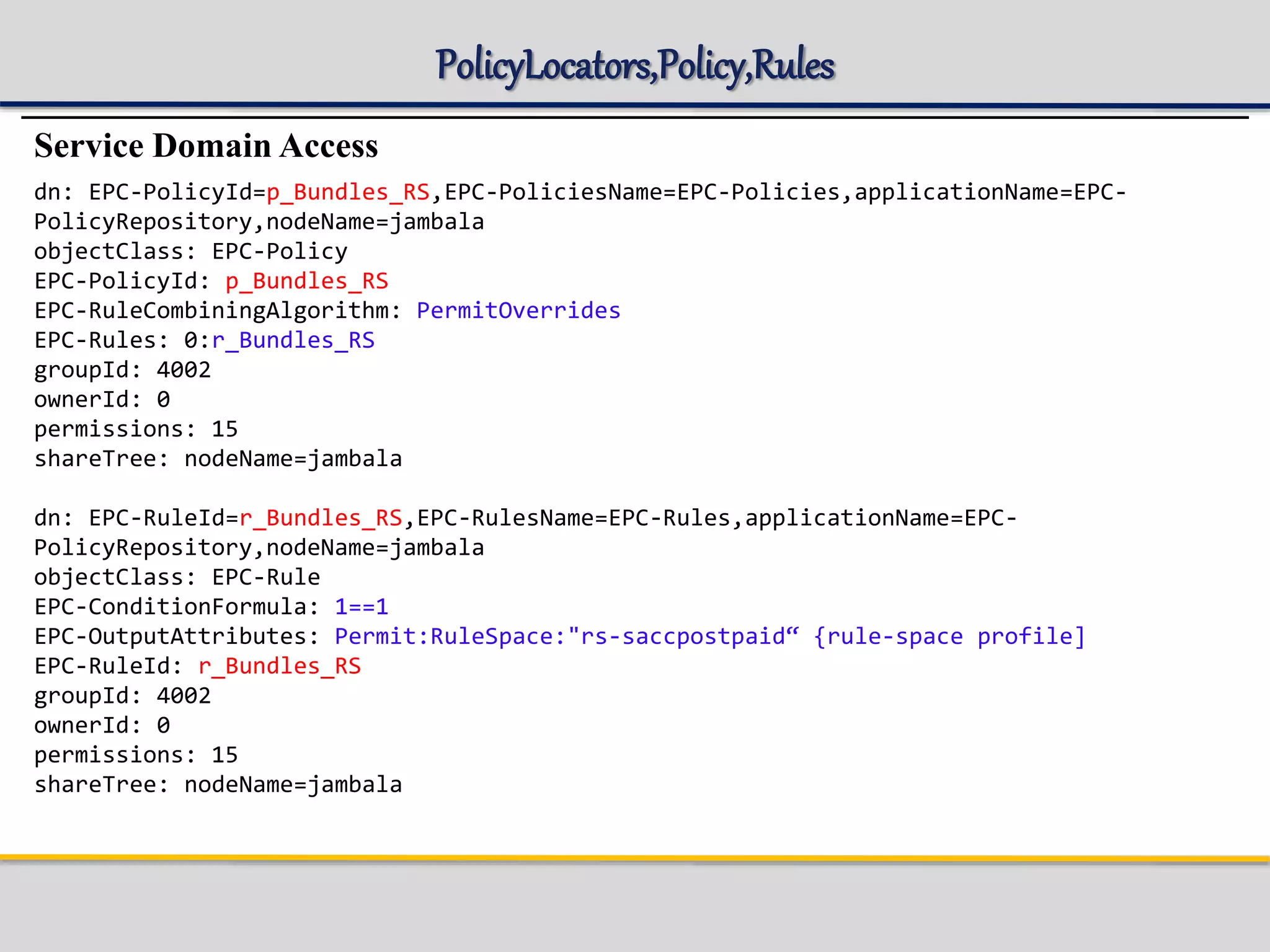 PolicyLocators,Policy,Rules
Service Domain Access
dn: EPC-PolicyId=p_Bundles_RS,EPC-PoliciesName=EPC-Policies,applicationName=EPC-
PolicyRepository,nodeName=jambala
objectClass: EPC-Policy
EPC-PolicyId: p_Bundles_RS
EPC-RuleCombiningAlgorithm: PermitOverrides
EPC-Rules: 0:r_Bundles_RS
groupId: 4002
ownerId: 0
permissions: 15
shareTree: nodeName=jambala
dn: EPC-RuleId=r_Bundles_RS,EPC-RulesName=EPC-Rules,applicationName=EPC-
PolicyRepository,nodeName=jambala
objectClass: EPC-Rule
EPC-ConditionFormula: 1==1
EPC-OutputAttributes: Permit:RuleSpace:"rs-saccpostpaid“ {rule-space profile]
EPC-RuleId: r_Bundles_RS
groupId: 4002
ownerId: 0
permissions: 15
shareTree: nodeName=jambala
 