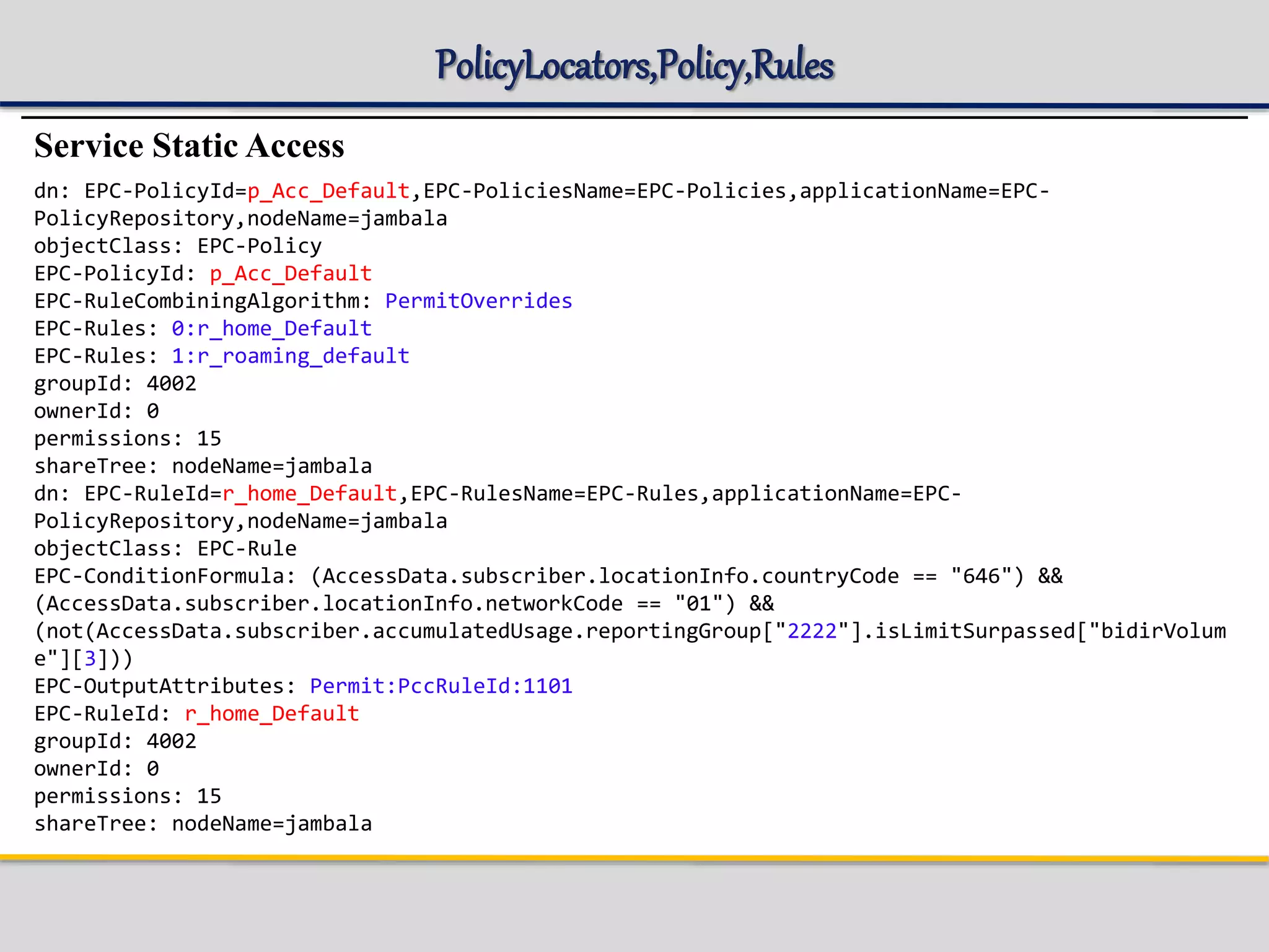 PolicyLocators,Policy,Rules
Service Static Access
dn: EPC-PolicyId=p_Acc_Default,EPC-PoliciesName=EPC-Policies,applicationName=EPC-
PolicyRepository,nodeName=jambala
objectClass: EPC-Policy
EPC-PolicyId: p_Acc_Default
EPC-RuleCombiningAlgorithm: PermitOverrides
EPC-Rules: 0:r_home_Default
EPC-Rules: 1:r_roaming_default
groupId: 4002
ownerId: 0
permissions: 15
shareTree: nodeName=jambala
dn: EPC-RuleId=r_home_Default,EPC-RulesName=EPC-Rules,applicationName=EPC-
PolicyRepository,nodeName=jambala
objectClass: EPC-Rule
EPC-ConditionFormula: (AccessData.subscriber.locationInfo.countryCode == "646") &&
(AccessData.subscriber.locationInfo.networkCode == "01") &&
(not(AccessData.subscriber.accumulatedUsage.reportingGroup["2222"].isLimitSurpassed["bidirVolum
e"][3]))
EPC-OutputAttributes: Permit:PccRuleId:1101
EPC-RuleId: r_home_Default
groupId: 4002
ownerId: 0
permissions: 15
shareTree: nodeName=jambala
 